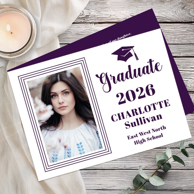 Elegant 2026 Graduate Graduation Portrait Photo  Announcement (Elegant Modern Graduation Portrait Photo Announcement - Print | Digital - Purple | White Reverse)
