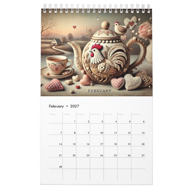 Elegant 2026 Pretty Chicken Teapots Calendar - Fun (Feb 2027)