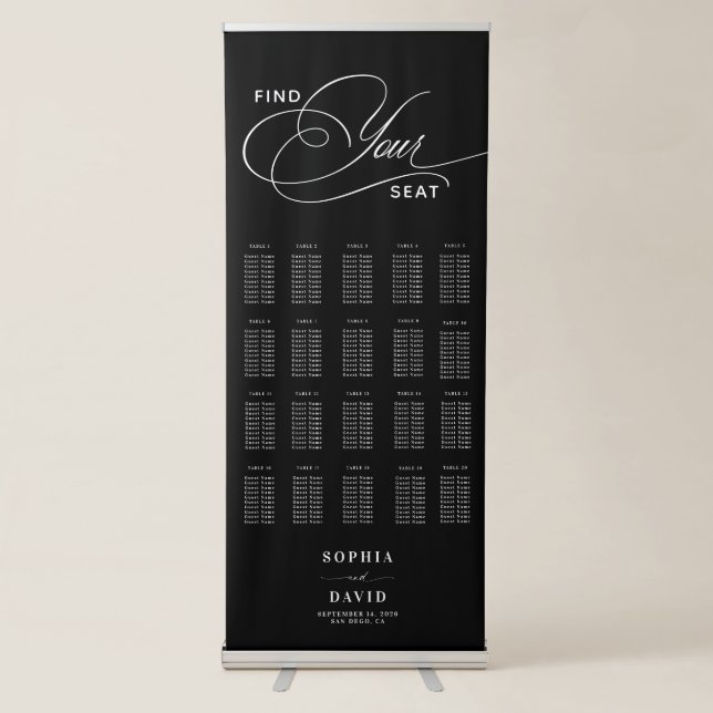 Elegant 20 Table Calligraphy Wedding Seating Chart Retractable Banner (Front)