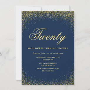 Elegant 20th birthday invitation Navy Gold Glitter