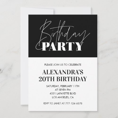 Elegant 20th birthday invitations Black White