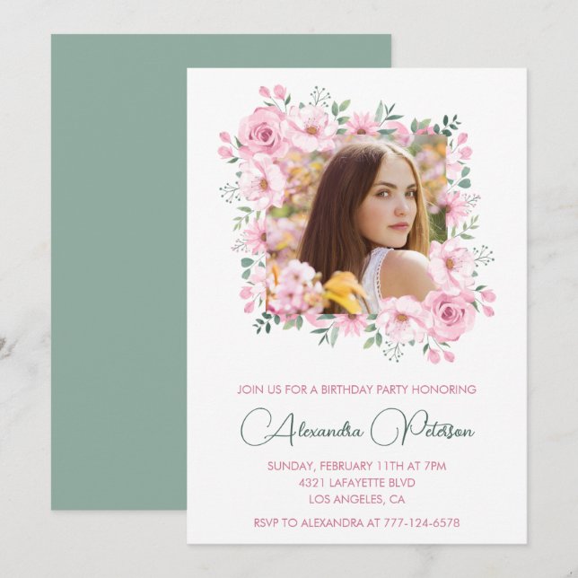 Elegant 20th birthday invitations Photo Floral (Front/Back)