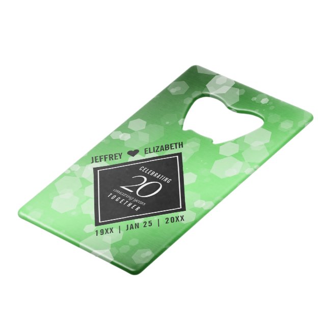 Elegant 20th Emerald Wedding Anniversary Credit Card Bottle Opener (Front Angled)