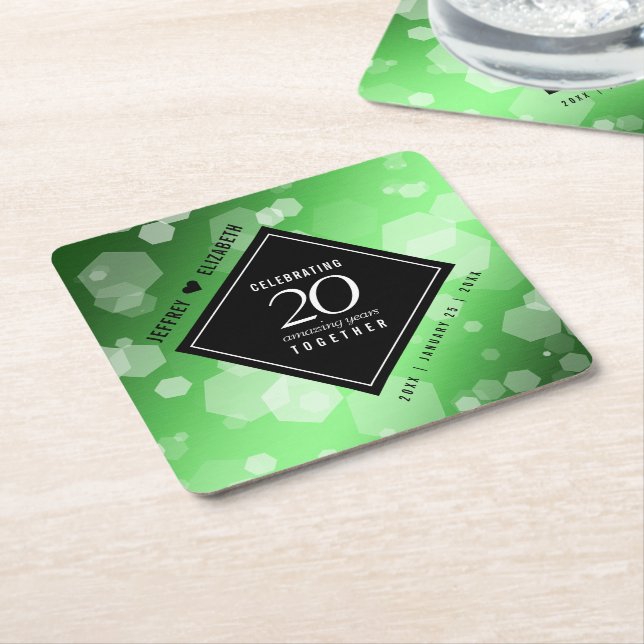 Elegant 20th Emerald Wedding Anniversary Square Paper Coaster (Angled)