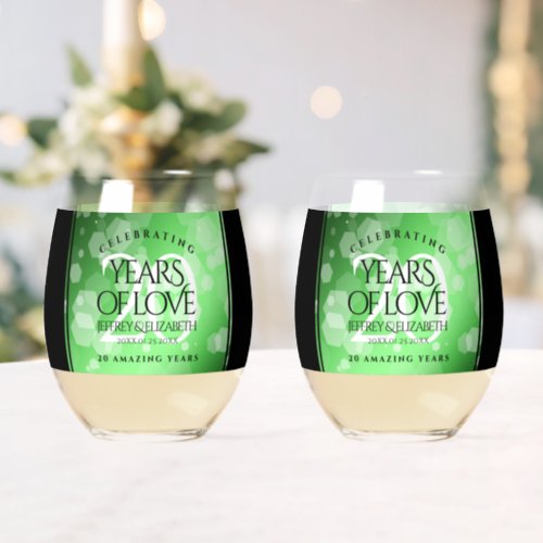 Elegant 20th Emerald Wedding Anniversary Stemless Wine Glass