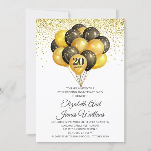 Elegant 20th Wedding Anniversary Gold And Black  I Invitation