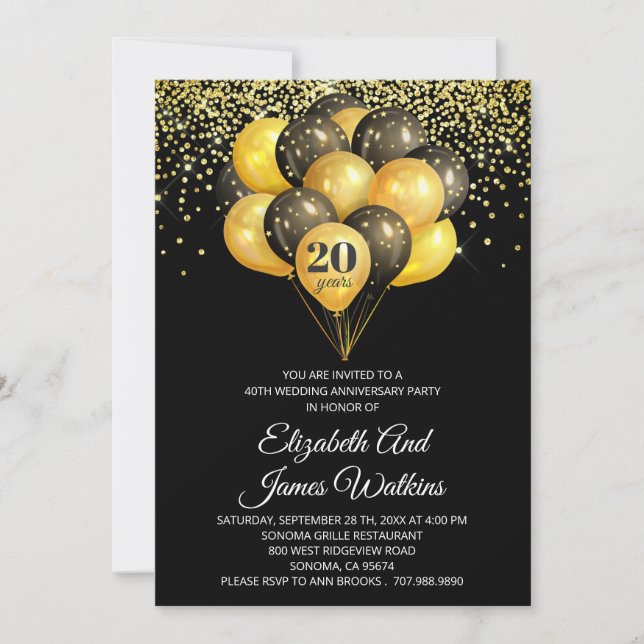 Elegant 20th Wedding Anniversary Gold And Black  Invitation (Front)