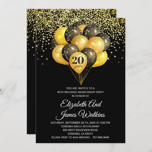 Elegant 20th Wedding Anniversary Gold And Black Invitation | Zazzle