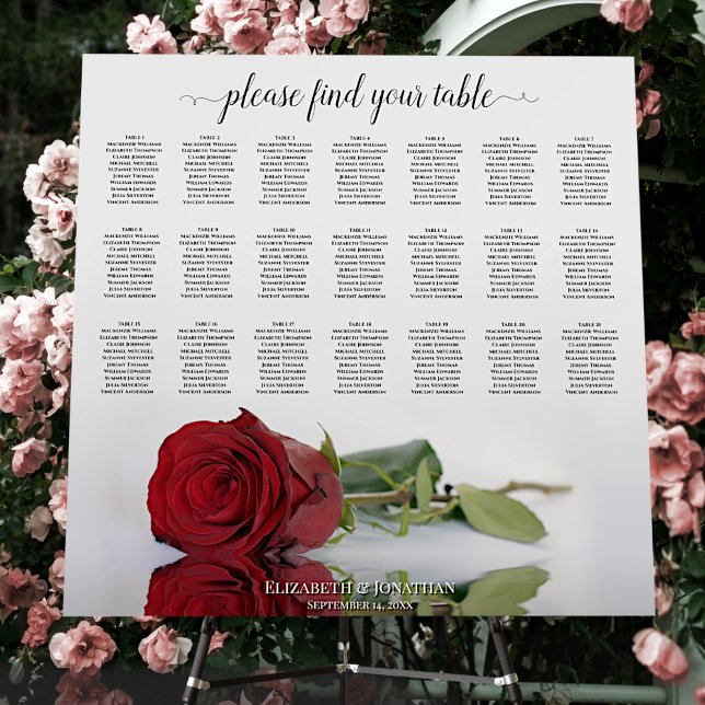 Elegant 21 Table Red Rose Wedding Seating Chart Foam Board (In Situ on Stand with Flowers)