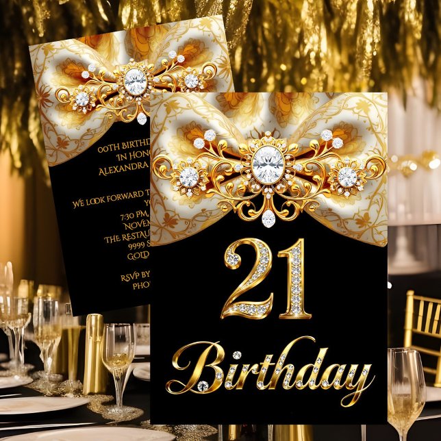 Elegant 21st Birthday Black Gold Butterfly Bow Invitation (Creator Uploaded)