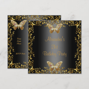 Elegant 21st Birthday Black Gold Butterfly Invitation