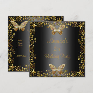 Elegant 21st Birthday Black Gold Butterfly Invitation