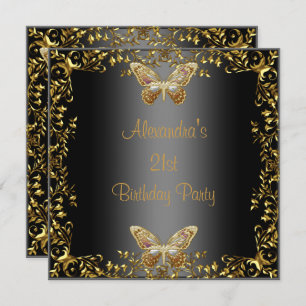 Elegant 21st Birthday Black Gold Butterfly Invitation