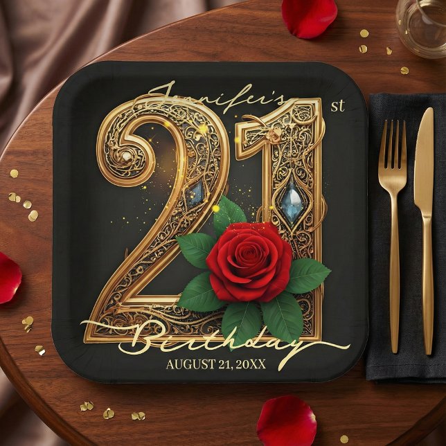 Elegant 21st Birthday Black Gold Filigree Red Rose Paper Plates (Creator Uploaded)