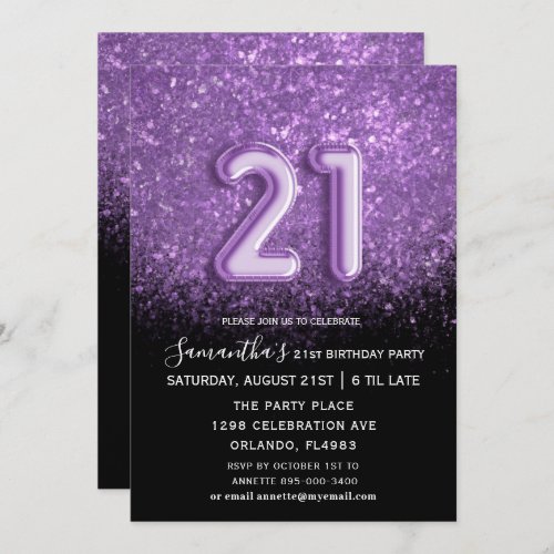 Elegant 21st Birthday Black Purple Glitter Invitation