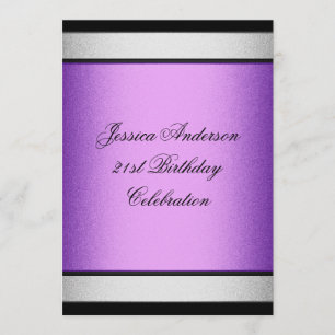 Elegant 21st Birthday Black Purple & Silver Metal Invitation