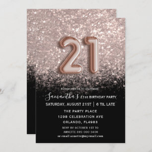 Elegant 21st Birthday Black & Rose Gold Glitter Invitation