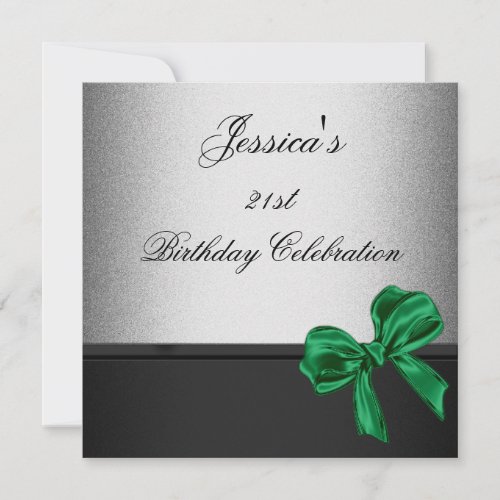 Elegant 21st Birthday Black Silver Emerald Bow Invitation