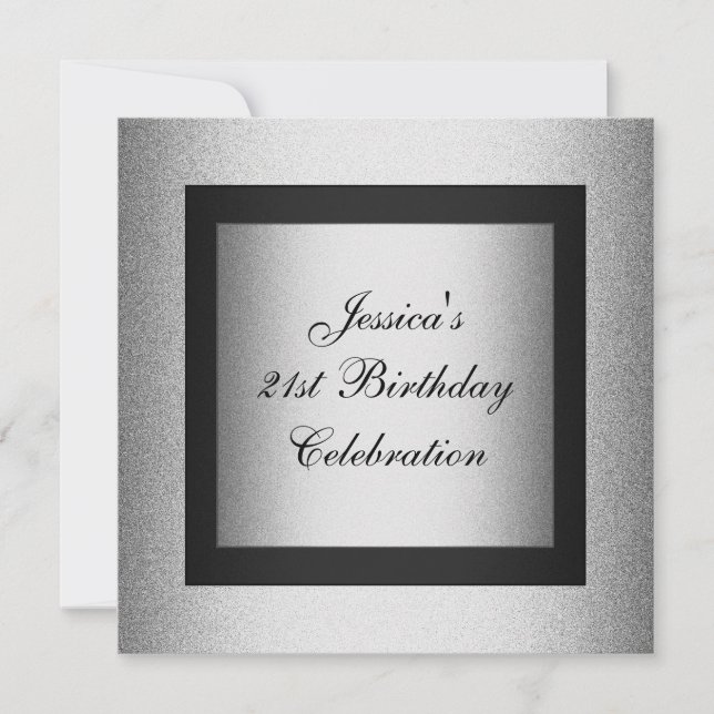 Elegant 21st Birthday Black & Silver Metallic Invitation (Front)