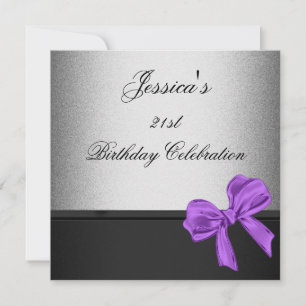 Elegant 21st Birthday Black Silver Purple Bow Invitation