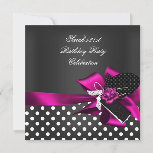 Elegant 21st Birthday Black Spot White Pink Rose 2 Invitation