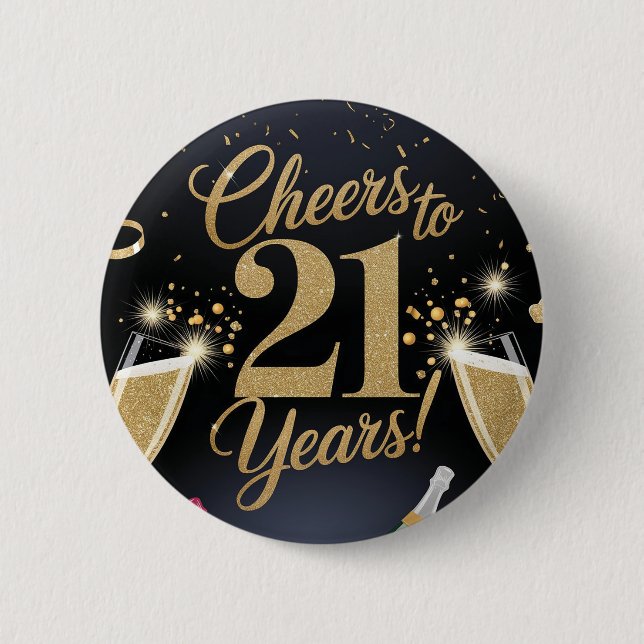 "Elegant 21st Birthday Design – Gold Glitter Button (Front)
