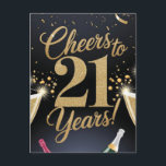 "Elegant 21st Birthday Design – Gold Glitter Postcard<br><div class="desc">Celebrate turning 21 in style with this glamorous birthday design! Featuring bold gold glitter accents, sparkling confetti, and champagne glasses, this invitation brings sophistication and fun to the milestone. The large metallic gold ‘21’ at the center, paired with a dark background, adds contrast and elegance. Perfect for a memorable 21st...</div>