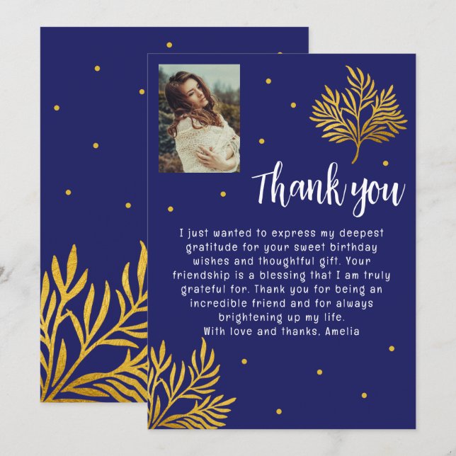 Elegant 21st Birthday Gold Foliage Photo Thank You Card (Front/Back)