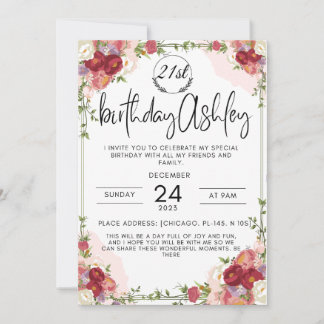 Elegant 21st birthday invitation with flowers