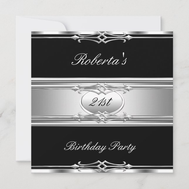 Elegant 21st Birthday Party Black Silver 21 Invitation (Front)