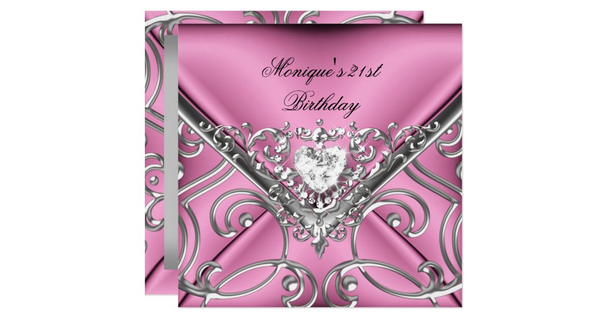 Elegant 21st Birthday Party Pink Silver Diamond Invitation