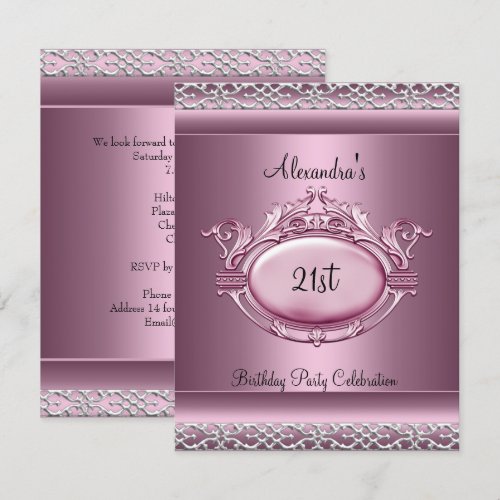 Elegant 21st Birthday Party Satin Pink Silver Trim Personalized Invitation