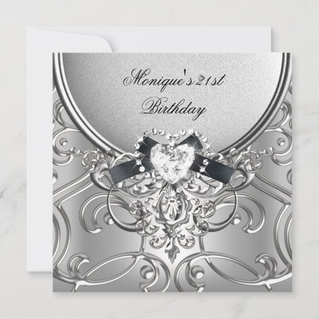 Elegant 21st Birthday Party Silver Black Diamond Invitation (Front)