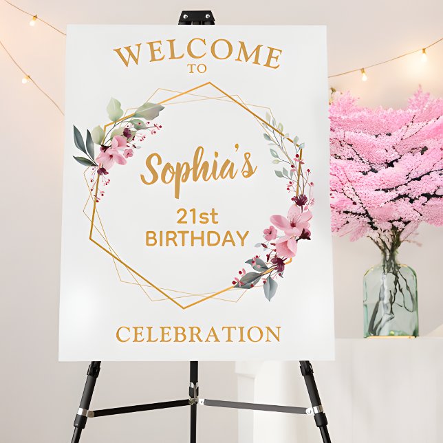 Elegant 21st Birthday Party Welcome Sign (A Cherished Welcome, Graced in Gold! 🌸✨)