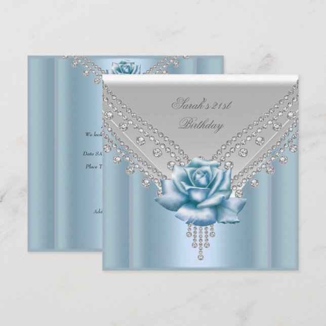 Elegant 21st Birthday Party White Blue Rose Invitation (Front/Back)