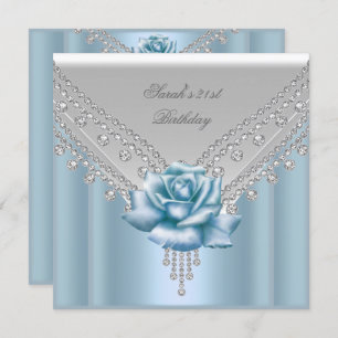 Elegant 21st Birthday Party White Blue Rose Invitation