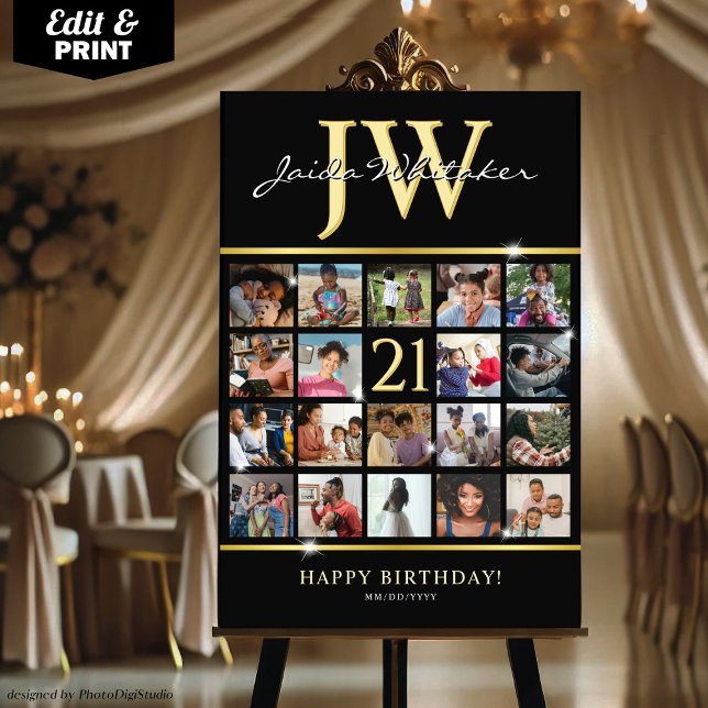 Elegant 21st Birthday Photo Collage with Initials  Foam Board (Elegant 21st Birthday Photo Collage with Initials Foam Board)