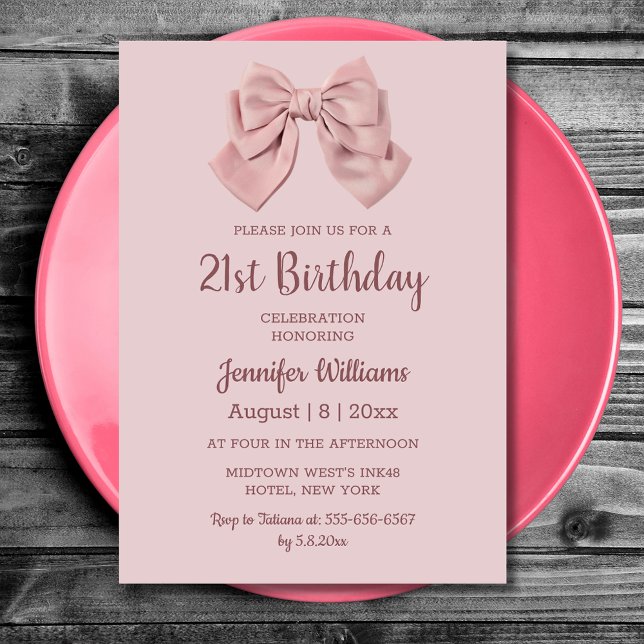 elegant 21st birthday pink bow minimalist  invitation (Creator Uploaded)