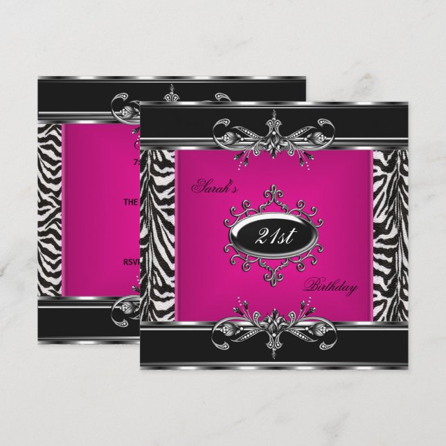 Elegant 21st Birthday Pink Zebra Black Silver Invitation (Front/Back)