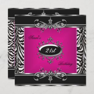 Elegant 21st Birthday Pink Zebra Black Silver Invitation