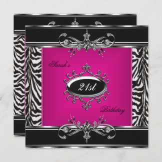 Elegant 21st Birthday Pink Zebra Black Silver Invitation