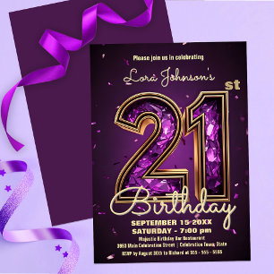 Elegant 21st Birthday Purple Gemstone Celebration Invitation