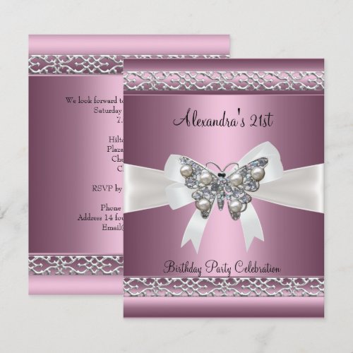 Elegant 21st Birthday Satin Pink Butterfly Jewel Custom Announcements