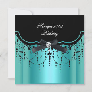 Elegant 21st Birthday Teal Blue Black Diamond Invitation