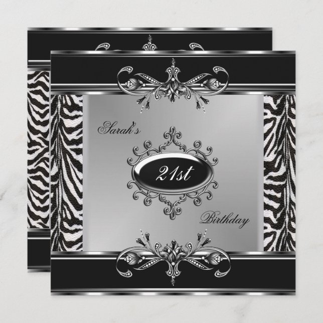 Elegant 21st Birthday Zebra Black White Silver Invitation (Front/Back)