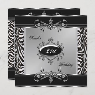 Elegant 21st Birthday Zebra Black White Silver Invitation