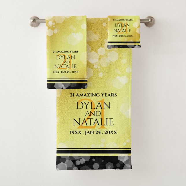Elegant 21st Brass Wedding Anniversary Celebration Bath Towel Set (Insitu)