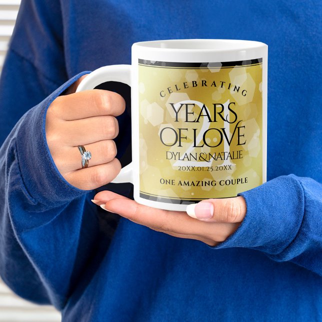 Elegant 21st Brass Wedding Anniversary Celebration Giant Coffee Mug (21st wedding anniversary jumbo coffee mug held by woman sporting a wedding ring and blue sweatshirt.)