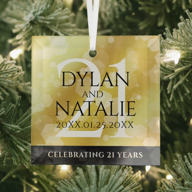 Elegant 21st Brass Wedding Anniversary Celebration Glass Ornament (Insitu)