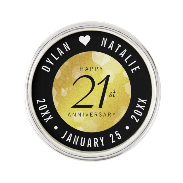 Elegant 21st Brass Wedding Anniversary Celebration Lapel Pin (Front)